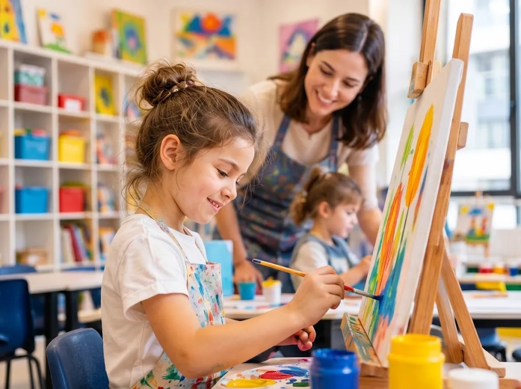 Resim dersinde öğretmeniyle tuvale boya süren bir çocuk