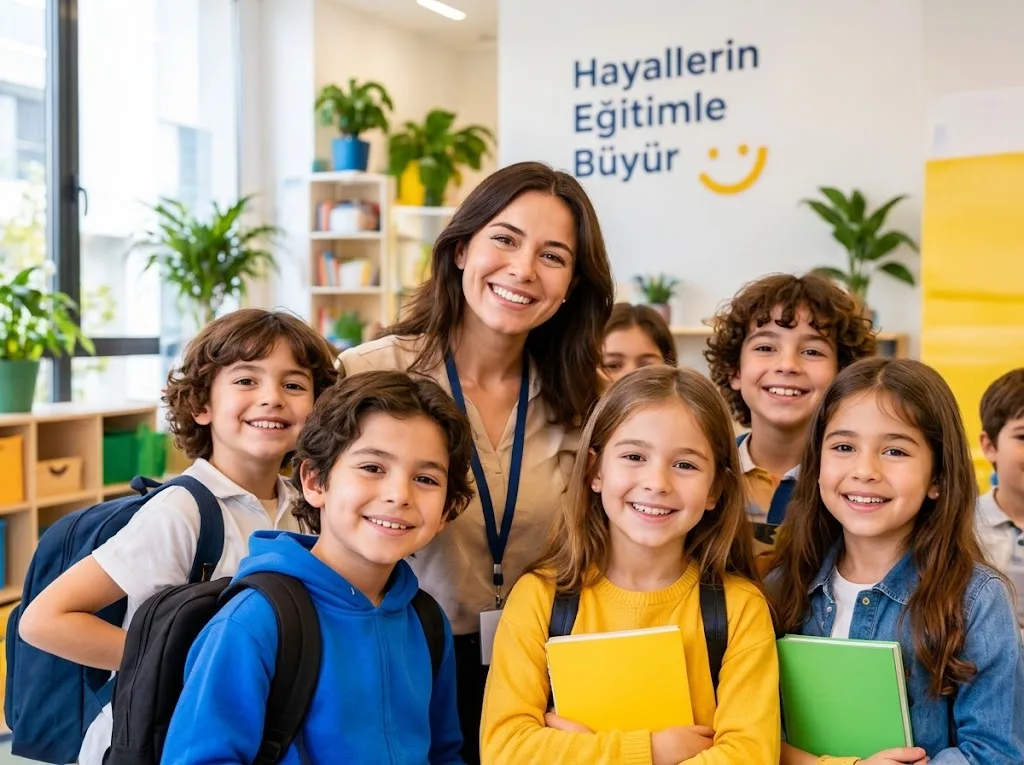 Sınıfta öğretmeniyle birlikte gülümseyen öğrenciler